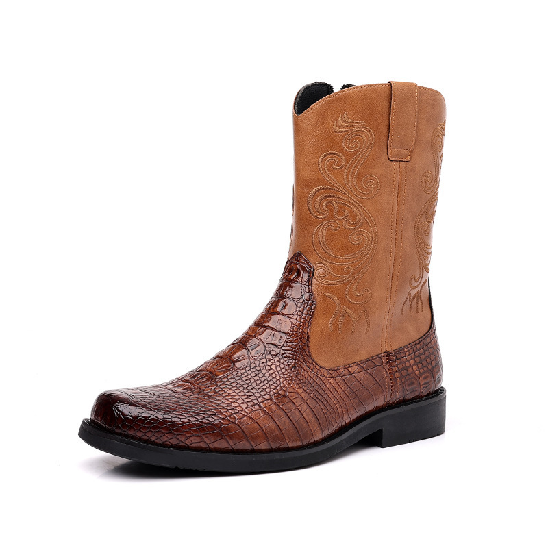 Wholesale of new design men's fashionable knee high pointed thick heeled Western cowboy boots