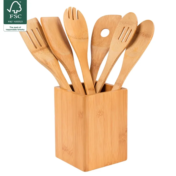 Natural kitchen bamboo cooking utensils durable slotted scoop   bamboo cooking tools  kitchen accessories