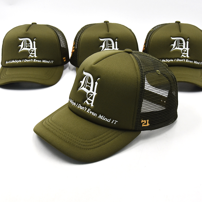 Custom Embroidery Logo Foam Mesh Trucker Caps, High Quality, Army Green, 5 Panel Trucker Hat, Wholesale
