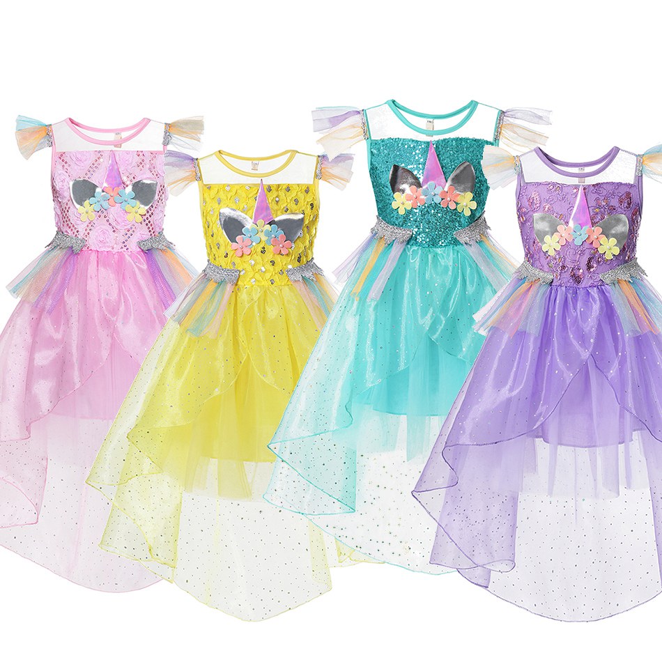 Girls Unicorn Dress with Tail Summer Children Sleeveless Layered Party Princess Costume Kids Girl Birthday Fancy Outfit Dress
