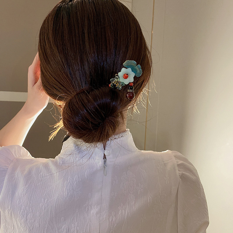 Chinese Retro Style Peach Wood Carved Hairpin Handmade Jade Flower Pearl Hair Stick Hairpin Hair Styling Tools Hair Accessories
