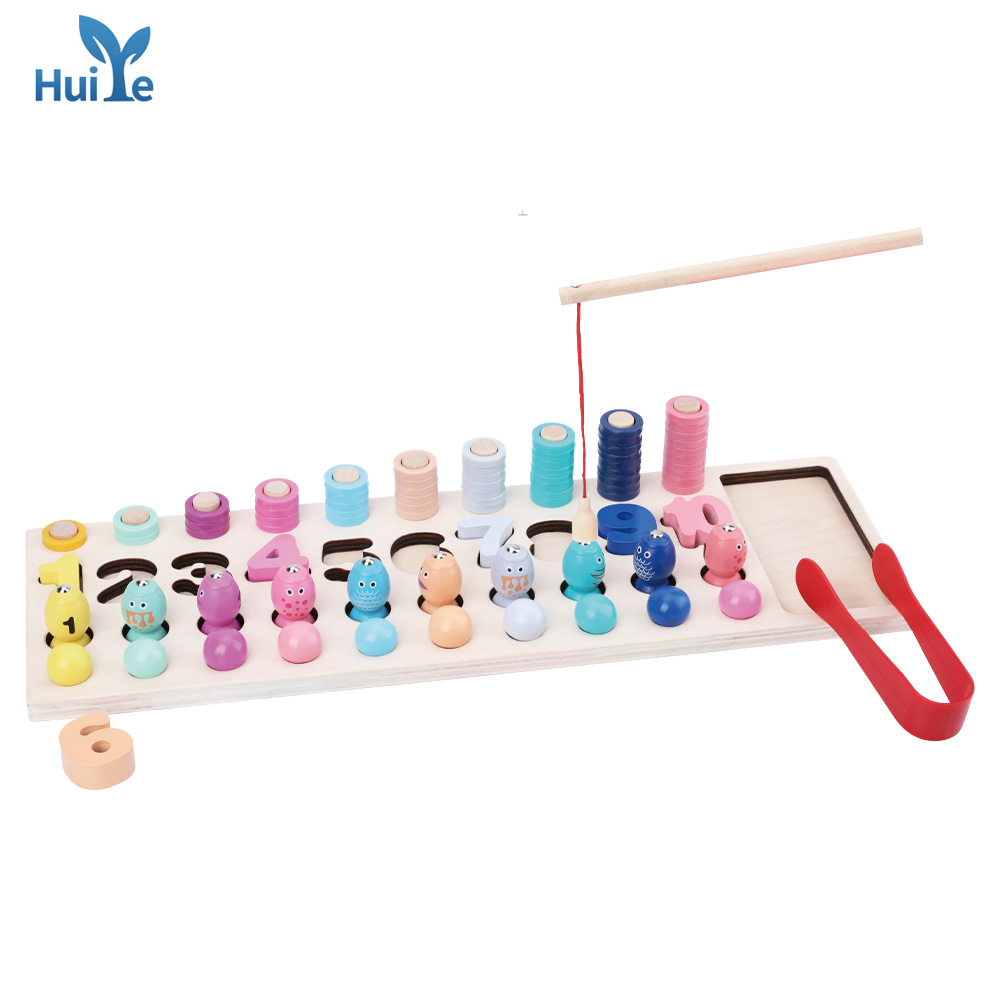Huiye baby wooden toys Early Educational Puzzle Digital Shape Matching Rainbow Children Montessori Kids Fishing Toy