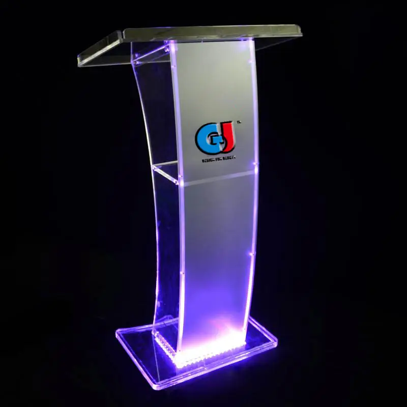 Led Easy Assembly Clear Acrylic Podium for Floor with Open Back and Shelf Glass Church Pulpit Podium