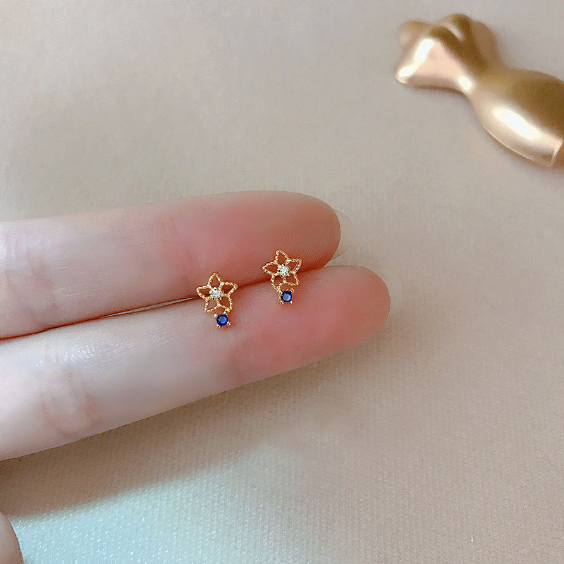 Most popular korean style blue hollow out flower stud earrings mini zircon earrings