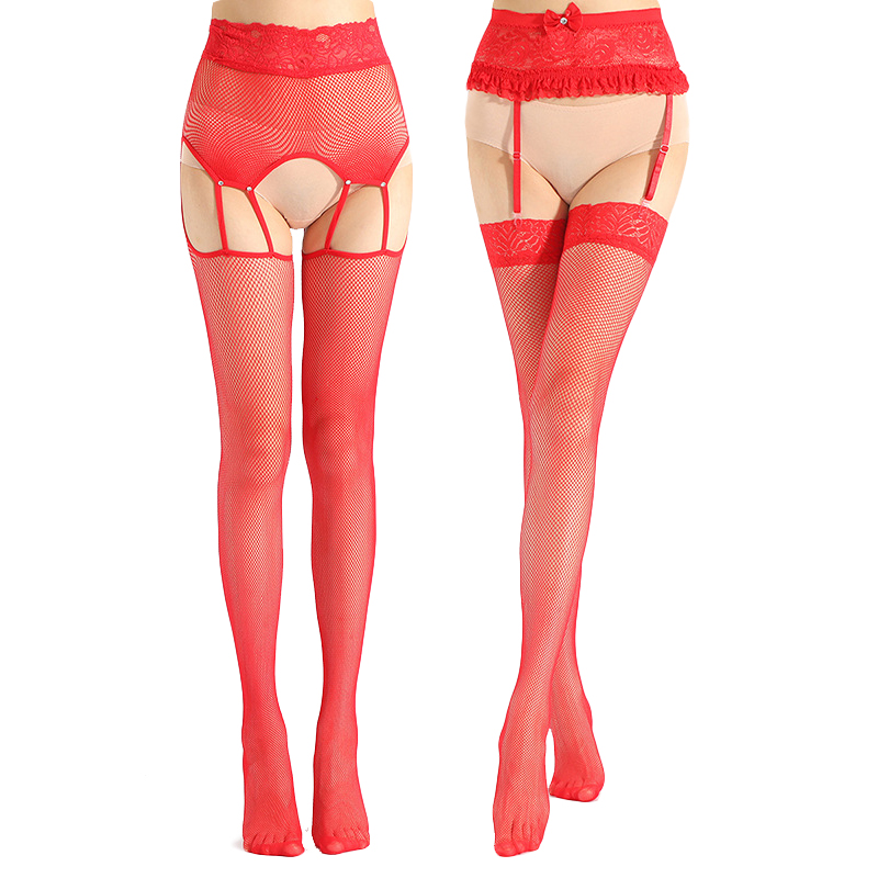 Red Garter Belt And Stockings Set Sexy Mesh Lace Garter Belt with Straps for Thigh High Stockings Lingerie Women