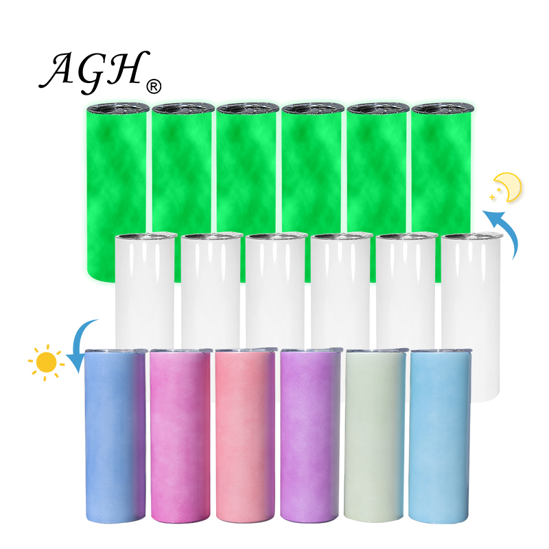 USA warehouse wholesale 20oz sublimation blank glow in the dark/UV change straight skinny tumbler with straw and lid