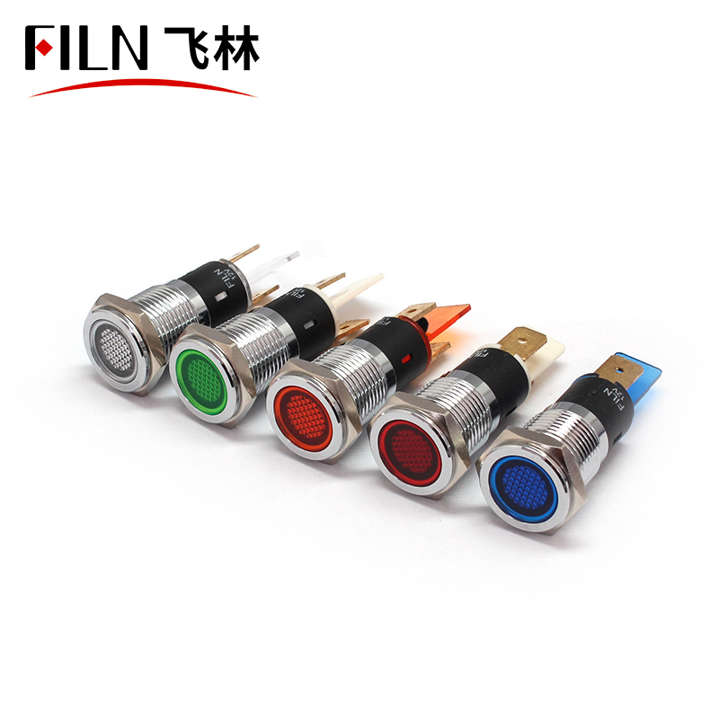 FILN high brightness led 14mm flat head with 2.8*0.5mm pins customized car symbols green arrow 12V 24V 110V metal pilot lamp