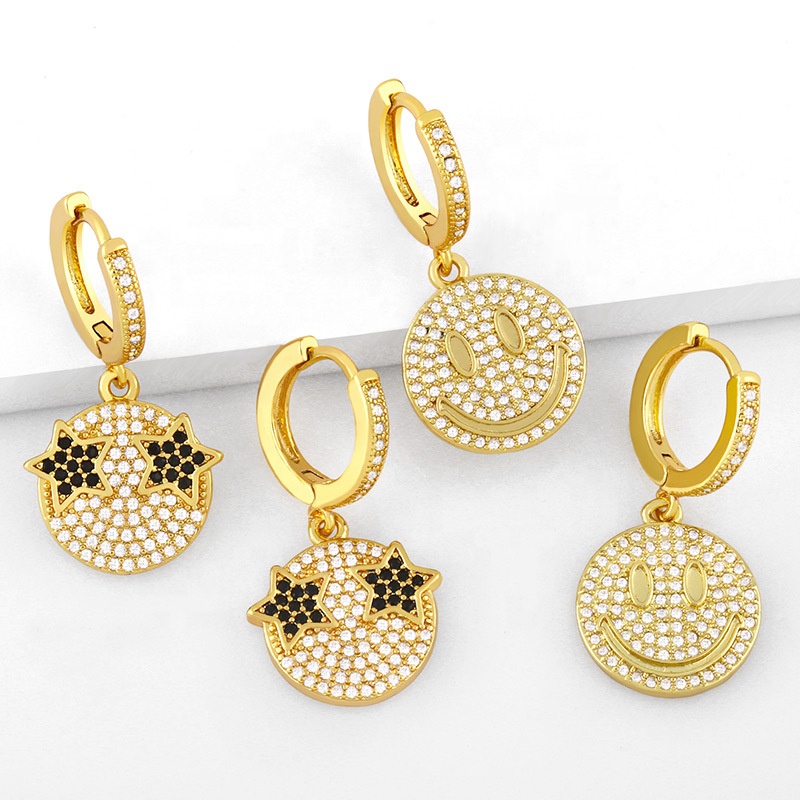 Funny Pendant Drop Earrings For Women Gift Brass 18k Gold Plating Smiley Face Hoop Earring