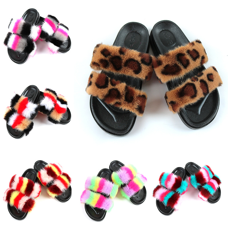 Lady Female Faux Fur Slippers Fluffy Fox Fur Sandals PVC Rainbow Colorful Furry Fluffy Fur Slides