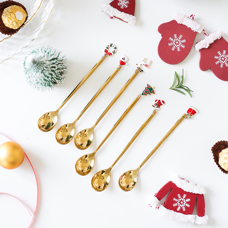 New design mirror polish soup sugar dessert flatware cutlery gold stainless steel christmas spoon set with box