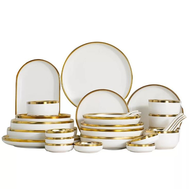High Quality Luxury Gold Rim White Porcelain Ceramic Kitchen Utensil Plate Dish Bowl Dinner Dinnerware Set