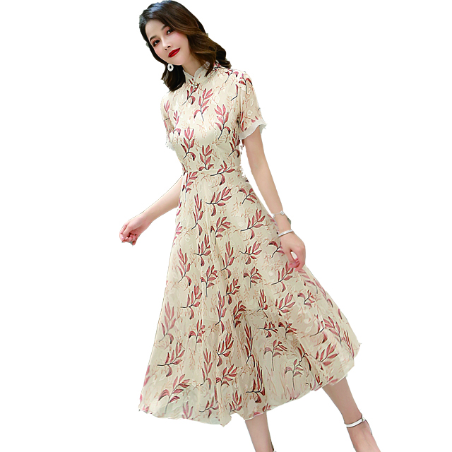 Китайский Морден моды Cheongsam, Цветочные Длинные Qipao, короткий рукав шифоновое платье для женщин