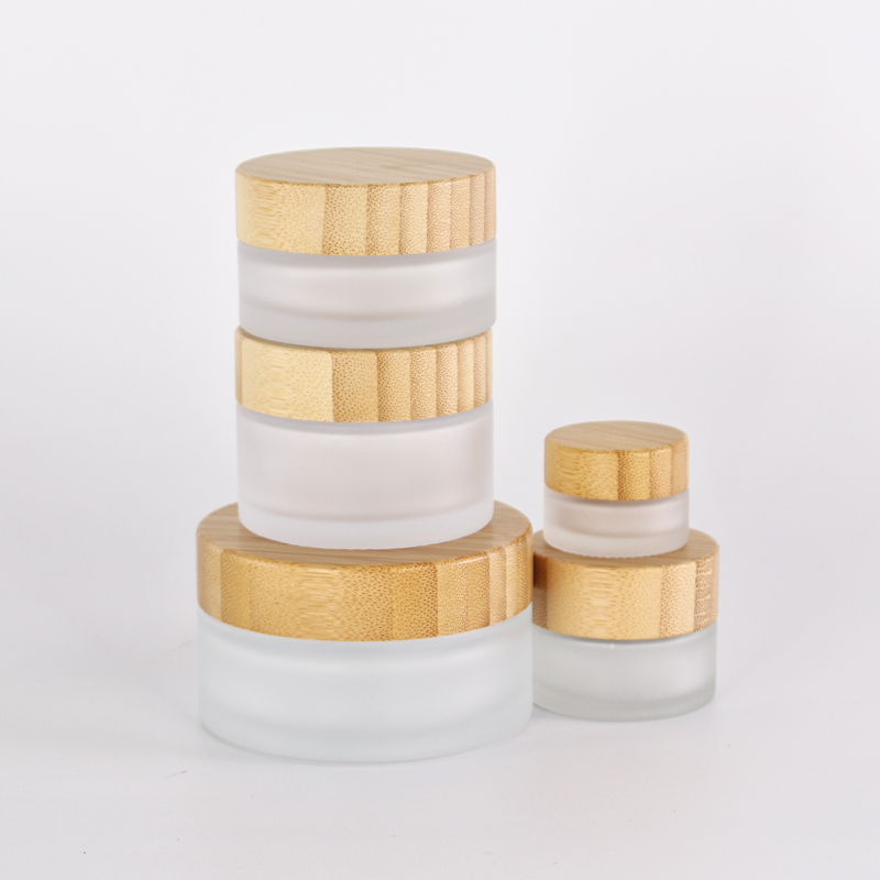 In stock 5g 15g 30g 50g 100g 200g cosmetic bamboo lid glass jar, 50g face cream frost glass jar with bamboo lid