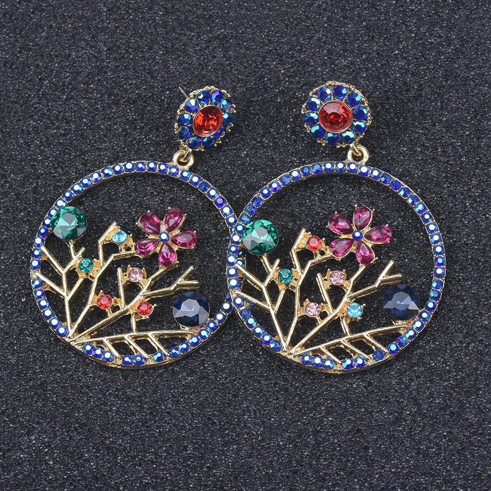 European and American exaggerated round alloy glass flower female high-end cute diamond earrings