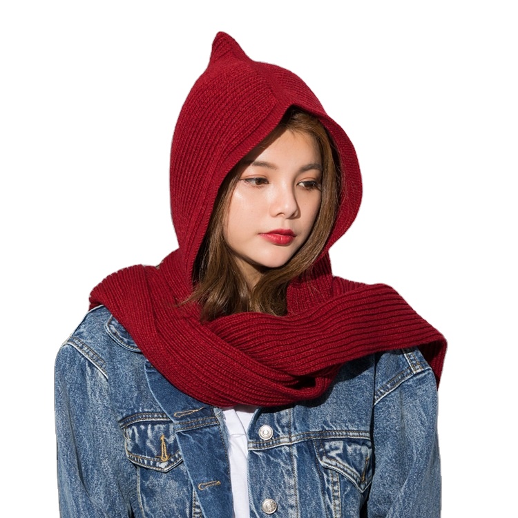 Women Winter Knitted Hooded Long Scarf Warm Shawl Wrap Head Scarves Acrylic Soft Neck Snood