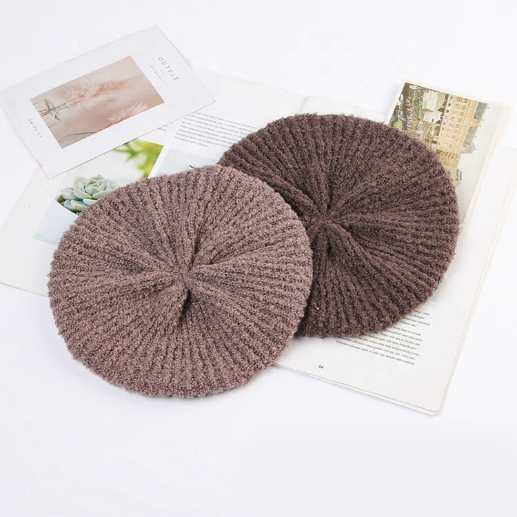 AuAutumn Winter Women Fuzzy Polyester Boucle Design Yarn Stretch Knitted Berets