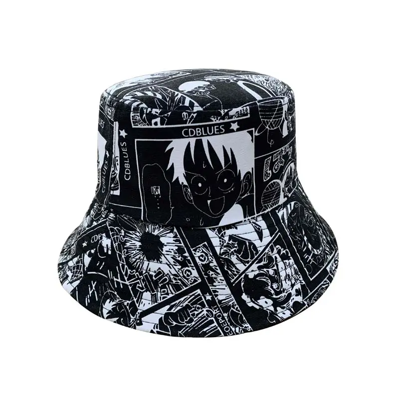 Cheap Black Bucket Cap Hat Custom Logo Fisherman Print Anime  Unisex Adult Bucket Hat