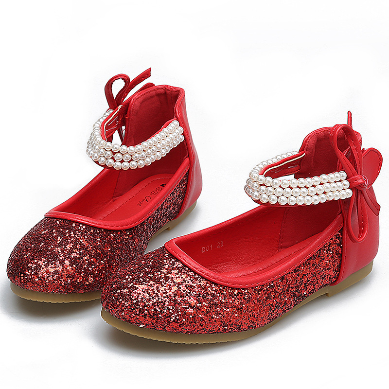 Glitter Upper Girls School Shoes Pearl Decoration Kids Dress Shoes