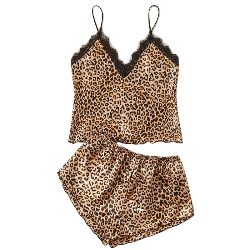 LEVEL 2228 Female sense leopard print suspender solid color suit suspender pajamas two piece home suit