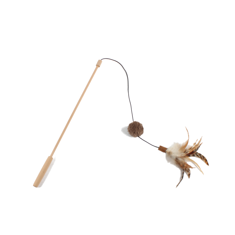 Hot selling cat feather teaser with sound bell plush ball cat wood wand