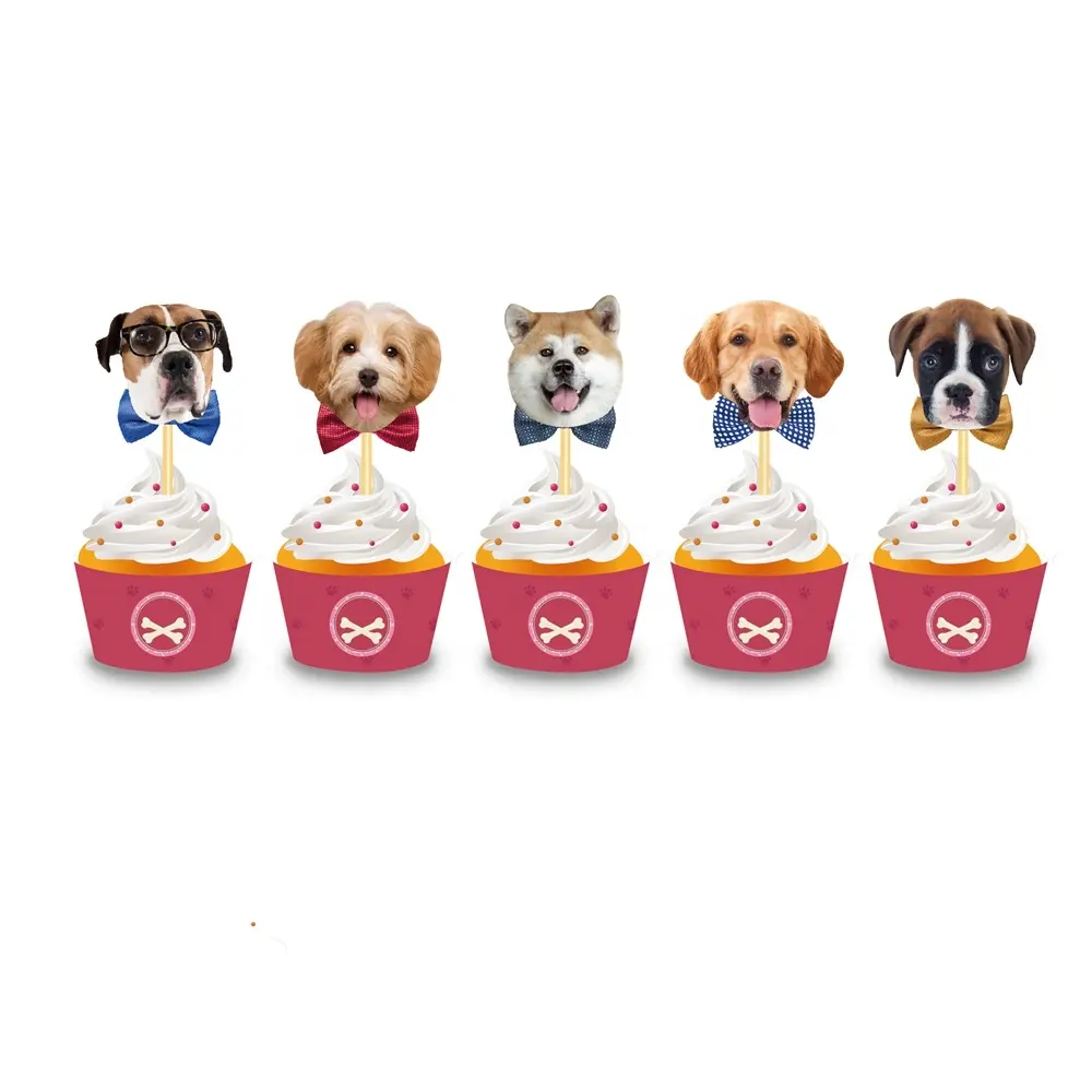 WB039 40Pcs Dog Cupcake Wrappers Kids Birthday Party Cupcake Supplies Dog Cake Toppers