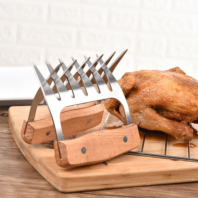 Amazon Hot Sale Stainless Steel BBQ Meat Claws with wooden handle / Shredding Pulling Handling Lifting Cutting Forks BBQ Claws