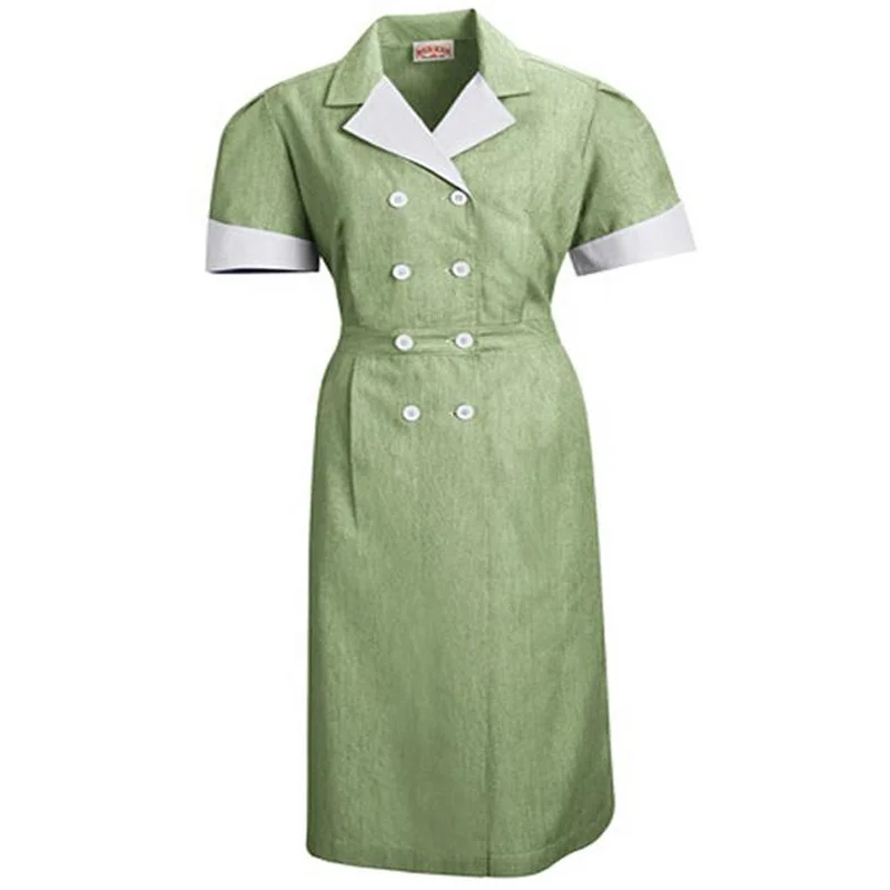 Custom Made Cotton Polyester Double-Breasted Hotel House Maid Staff Cleaning Housekeeping Uniform Dress