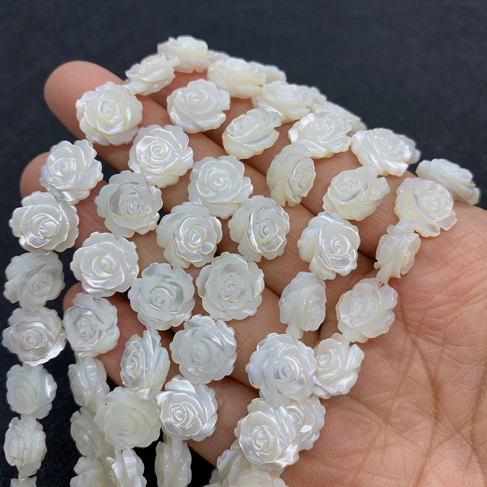 Fashion White Shell Mother Of Pearl Beads for DIY , Custom Full Drilled Rose Flower Shape Sea Shell Beads for Jewelry Making