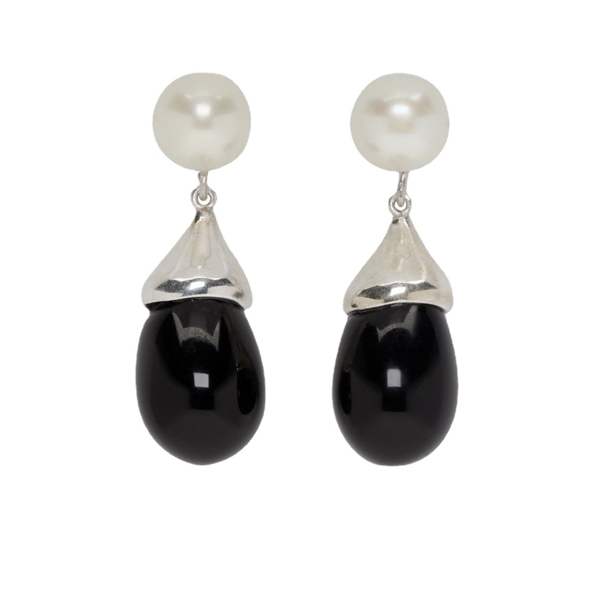 French all-match temperament goddess accessories retro earrings pearl black silver needle texture