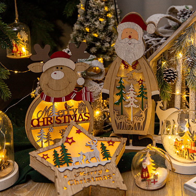 Nordic Wooden Santa Claus Desktop Ornaments Christmas Snowman LED Glowing Lights Christmas Ornaments Home Decor