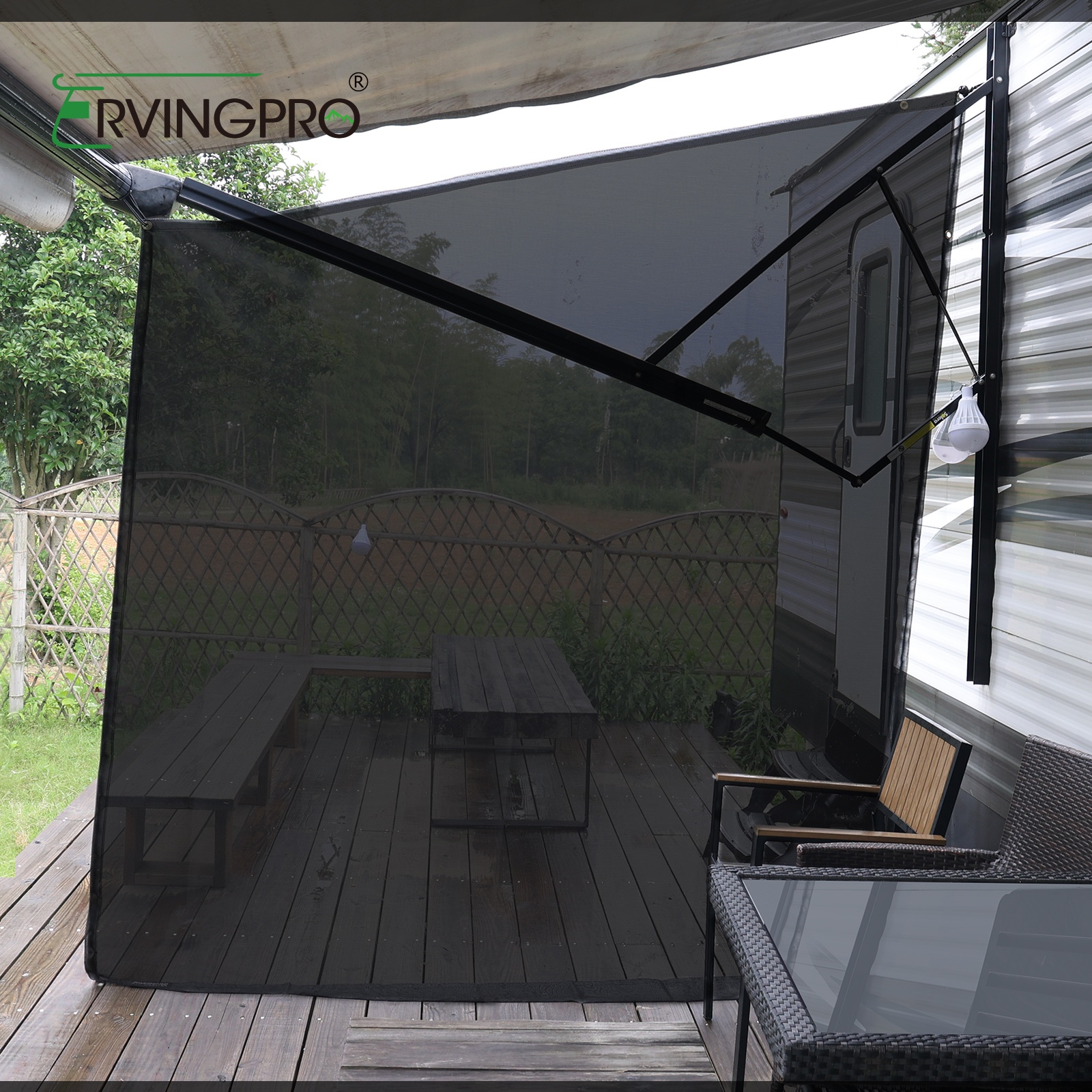 DE0804 RV Awning Side Sun Shade Black Mesh Screen Sunshade Complete Kits Motorhome Camping Trailer Canopy UV Blocker