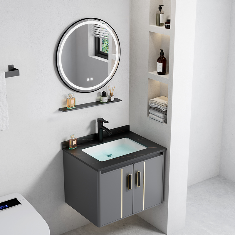 New style popular plywood bathroom vanities with LED mirror cabinet gray bathroom vanities cabinet with rock slate basin