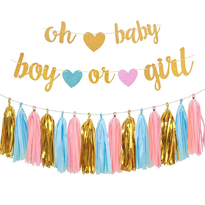 Glitter paper oh baby boy or girl letter banner tassel kit for baby shower gender reveal game party backdrop decoration