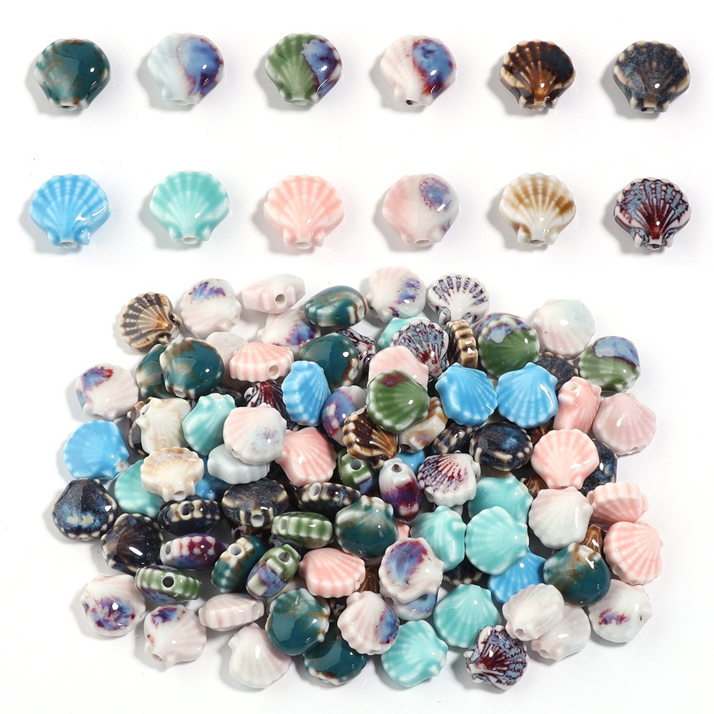 Vintage White Blue Gradient Ceramic Shell Bracelet Beads Handmade DIY Clay Material Scallop Beads Loose Accessory for Jewelry