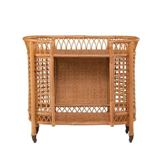 New Design Bar Cart Outdoor Hotel Dining Cart Restaurant Service Car Pure Hand-Woven Natural Rattan Wicker Drinks Trolley