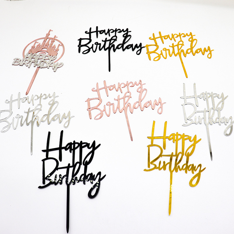 Silver Gold Mirror Plastic Acrylic Happy Birthday Cake Topper Cupcake Sticks Signs Picks Cake Decoration Supplies