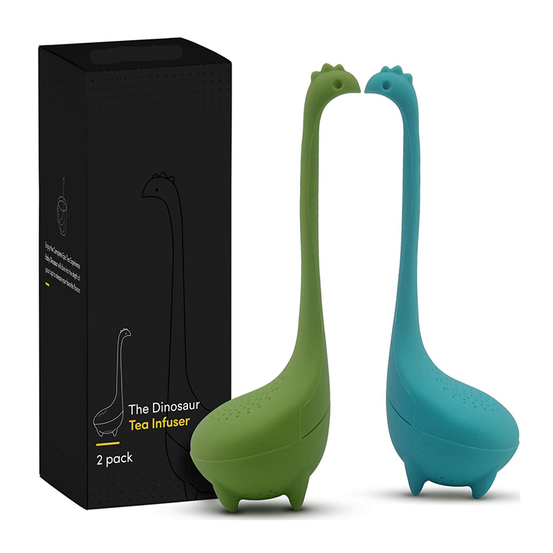In Stock Ready to ship BPA Free 2 Pcs in1 Set Long Handle Silicone Tea Filter Tea Ball Dinosaur Tea Strainers