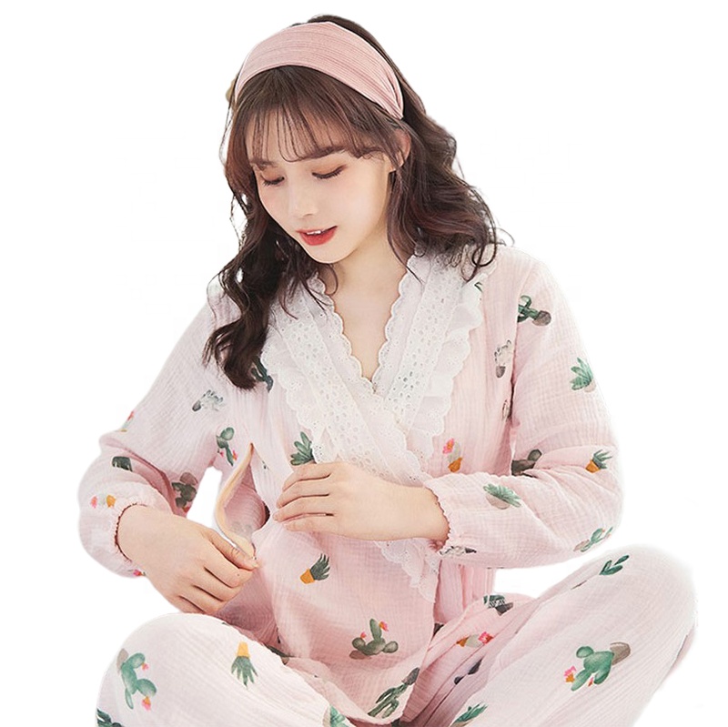 Pregnant clothing women spring and autumn pure cotton gauze breathable postpartum clothing breastfeeding nightgown