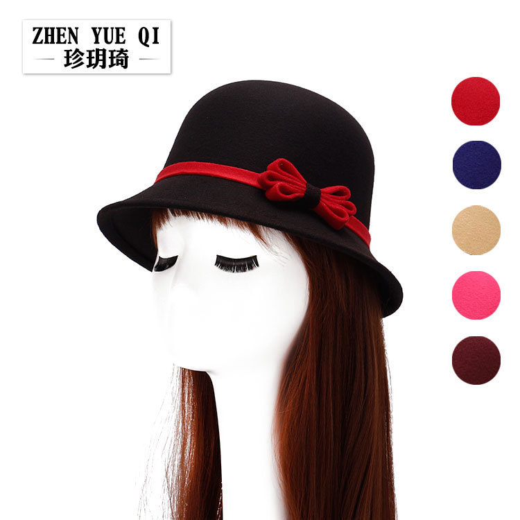 Plastic Raw Materials Zhenyueqi new spring imitation wool felt hat fashion three circle bow basin women'sPC