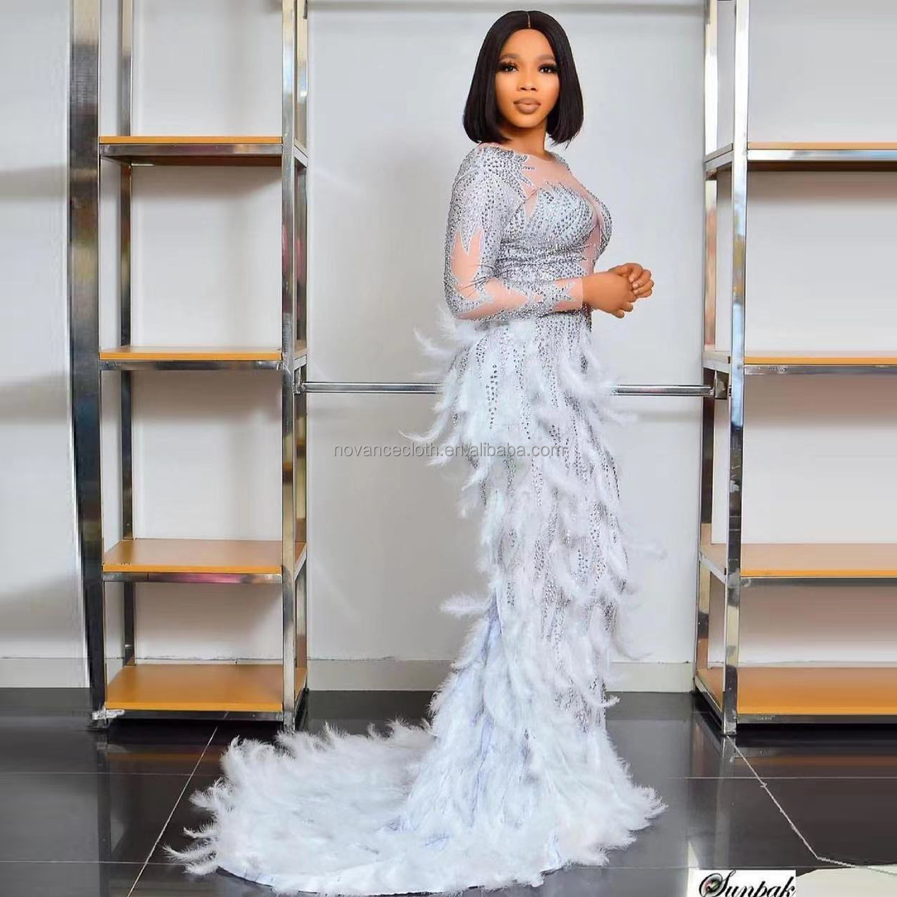 ZIYA A04S97 Womens Apparel 2022 Sparkling Fishtail Elegant Withe Feather Dress Long Sleeves Wedding Dresses For Party Banquite