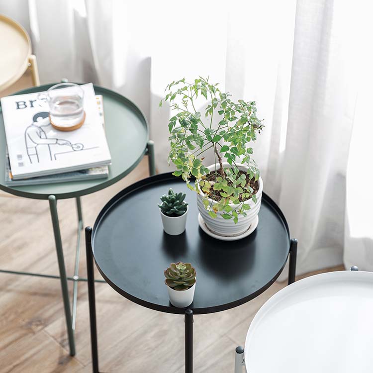 Small Round Tray End Table Sofa Side Table With Metal Tray Coffee End Table Waterproof Outdoor Indoor Snack Desk