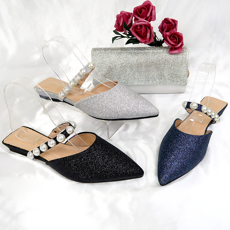 2021 formal ladyes footwear designer ankle pearl strap ladies pointed toe half pumps slippers heels flat with dress womens shoes
