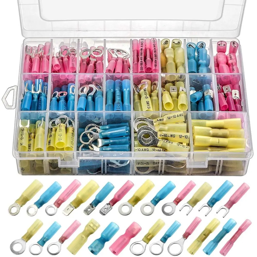 250PCS Heat Shrink Connectors - Insulated Automotive Marine Wire Terminal Kit/Ring Fork Hook Spade Butt Splices