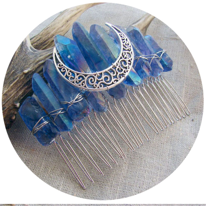 Dark Blue Titanium Quartz raw Crystal Crescent Moon hair pin side comb wiccan Bridal Crown Tiara Wedding veil witch goth jewelry