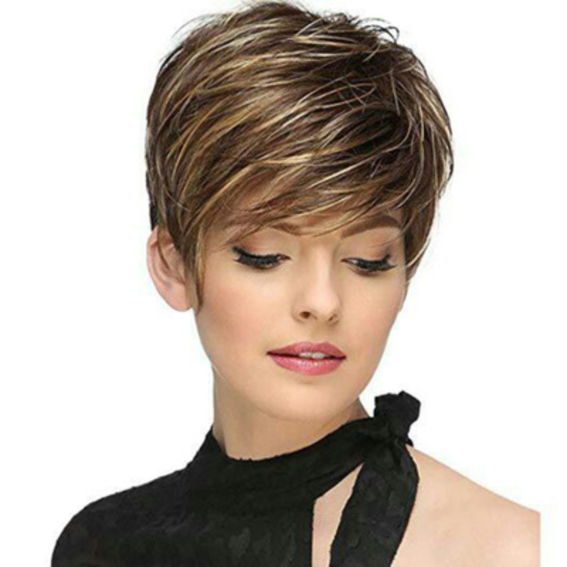 Hot-selling European and American Wigs Women's Realistic Natural Mixed Colors Oblique Bangs Short Hair Chemical Fiber Headgear