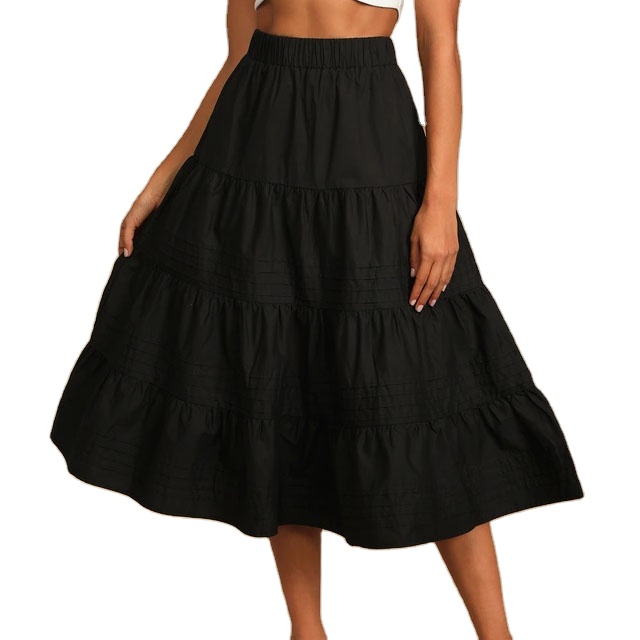 Perfect Tooling Black Midi Skirt 2021 New Cake Tiered High Waist A-line Skirt For Girls
