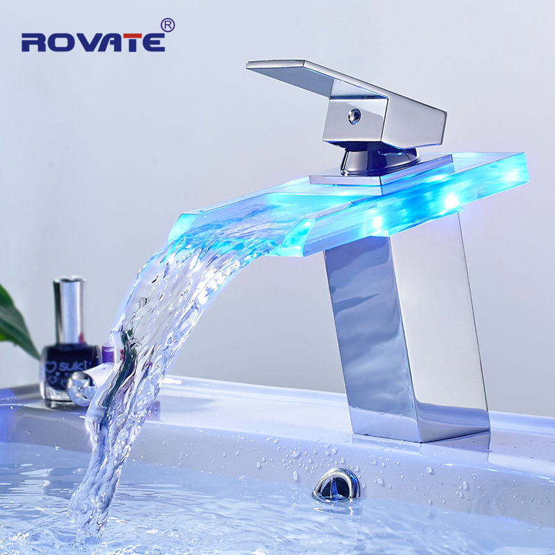 Светодиодный смеситель ROVATE для ванной комнаты, 3 цвета, смеситель для горячей и холодной воды, стеклянный смеситель для раковины