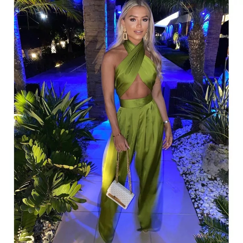 Autumn Women Sexy Elegant High Waist Wide Leg Workout Sleeveless Satin Jumpsuits
