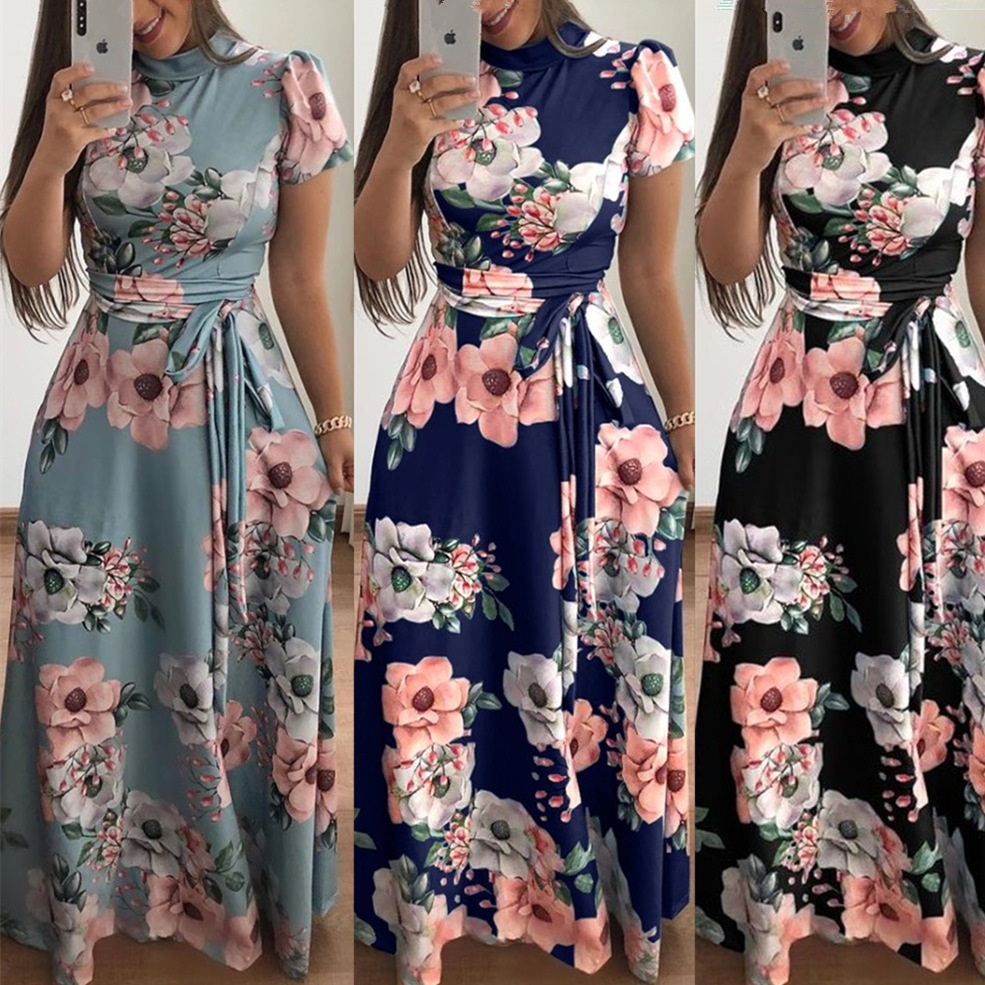 Summer Ladies Casual Long Dress Bohemian Print Dress Turtleneck Sweater Elegant Dress