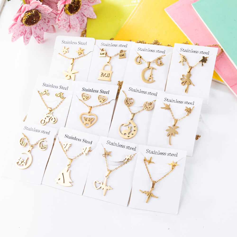 New Gold Plated Butterfly Heart Necklace Earrings for Women Girl Various Styles Stainless Steel ecg windmill Jewelry Set Gift